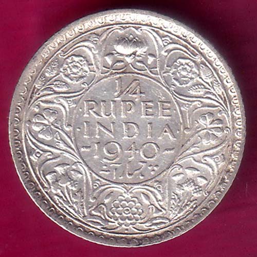 BRITISH INDIA 1940 GEORGE VI BOMBAY MINT 1/4 RUPEE SILVER COIN :- OO1840