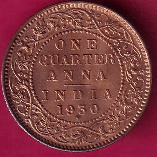 BRITISH INDIA 1930 GEORGE V ONE QUARTER ANNA COPPER COIN–@HUB4044