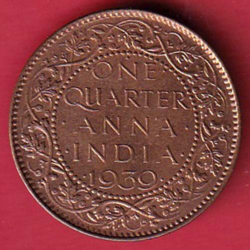 “UNC” BRITISH INDIA 1939 ONE QURTER ANNA GEORGE VI COPPER COIN :- OO3251