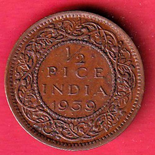 BRITISH INDIA 1939 GEORGRE VI KING 1/2 PICE COPPER COIN  :- @HUB6029