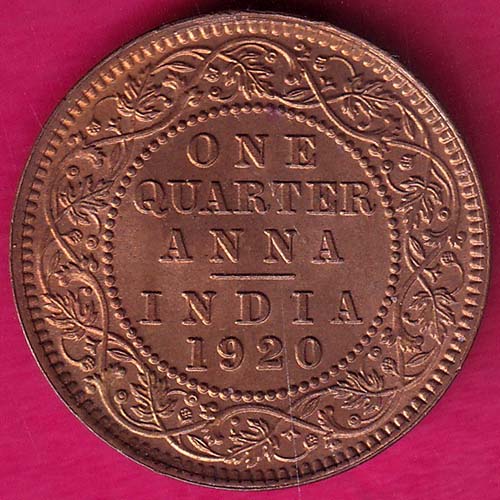 british india 1920 george v one quarter anna copper coin  –@HUB2800