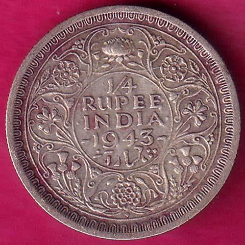 British India 1943 BOMBAY MINT George Vi 1/4 Rupee Rare Silver coin-  –@HUB3585