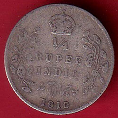 BRITISH INDIA 1910 EDWARD VII KING EMPEROR 1/4 RUPEE SILVER :- @HUB6038