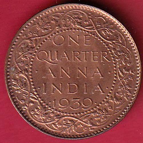 BRITISH INDIA 1939 ONE QURTER ANNA GEORGE VI COPPER COIN  :- oo3407