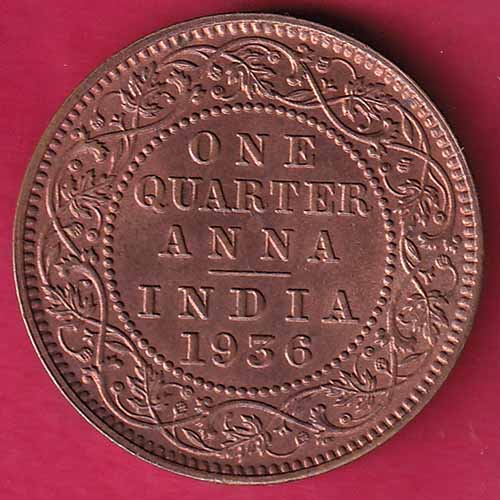 BRITISH INDIA 1936 GEORGE V KING EMPEROR ONE QUARTER ANNA  – S906