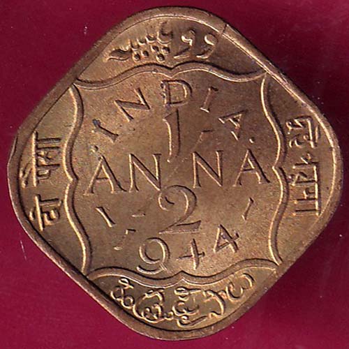BRITISH INDIA 1944 GEORGE VI 1/2 ANNA COIN–@HUB4219