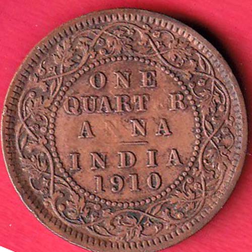 BRITISH INDIA 1910 EDWARD VII one quarter anna COPPER COIN–@HUB5638